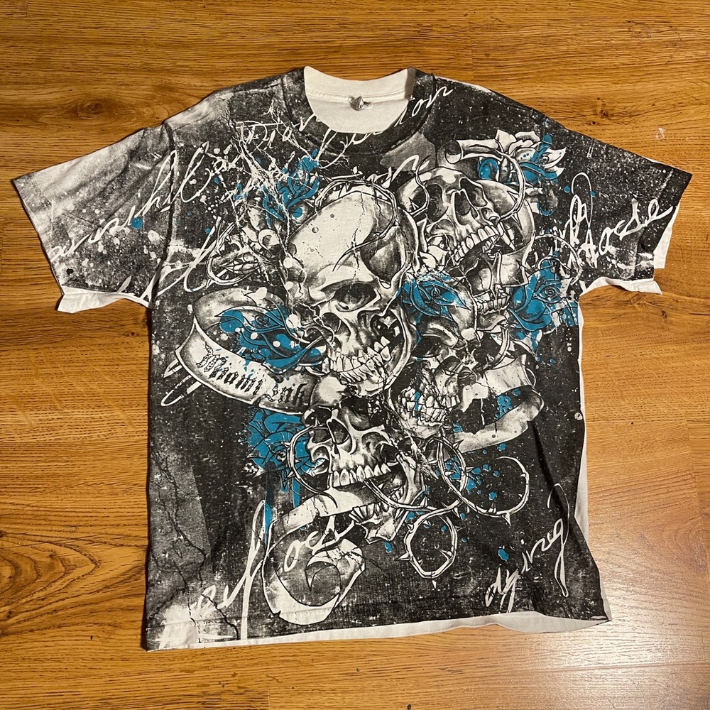 Miami Ink Tattoo All Over Print Skull T Shirt Grunge Mall Y2K Size Large